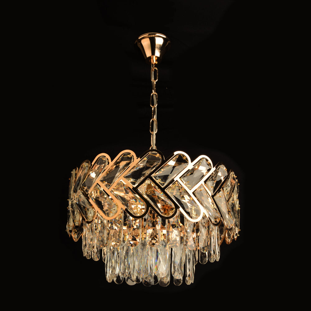 Candelabru suspendat auriu cu 6 becuri E27 si detalii transparente, stil modern elegant, lumina ambientala pentru dormitor