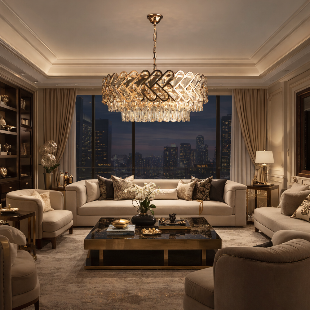 Candelabru auriu modern cu 12 surse E27 si elemente transparente, design geometric elegant, iluminare decorativa pentru living spatios