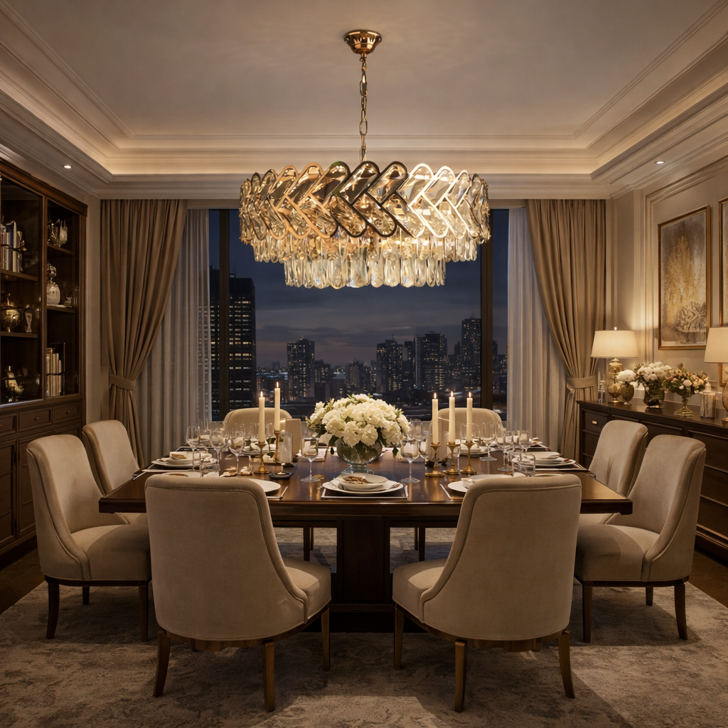 Candelabru auriu decorativ cu 12 surse E27 si elemente transparente, iluminare sofisticata pentru dining elegant