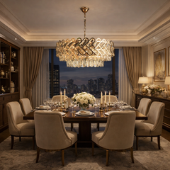 Candelabru auriu decorativ cu 12 surse E27 si elemente transparente, iluminare sofisticata pentru dining elegant