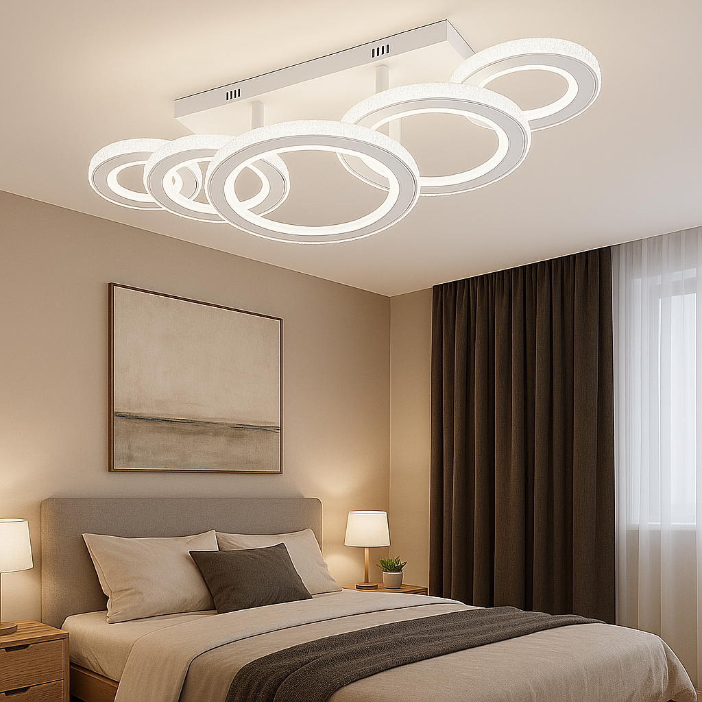 Lustra LED 26032/1+2+2 WH+CR 178W cu reglaj 3000–6500K si telecomanda, potrivita pentru dormitoare moderne ce necesita lumina eleganta si finisaj alb-crom cu cristale.