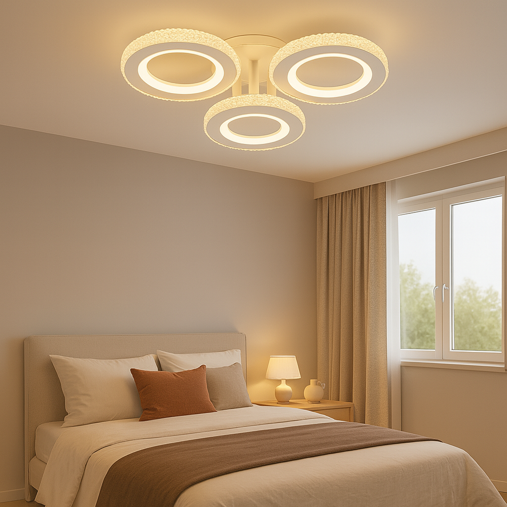 Lustra LED 26032/3C WH+CR 94W cu reglaj 3000–6500K si cristale, ideala pentru dormitoare moderne unde se doreste lumina adaptabila si aspect alb-crom rafinat.