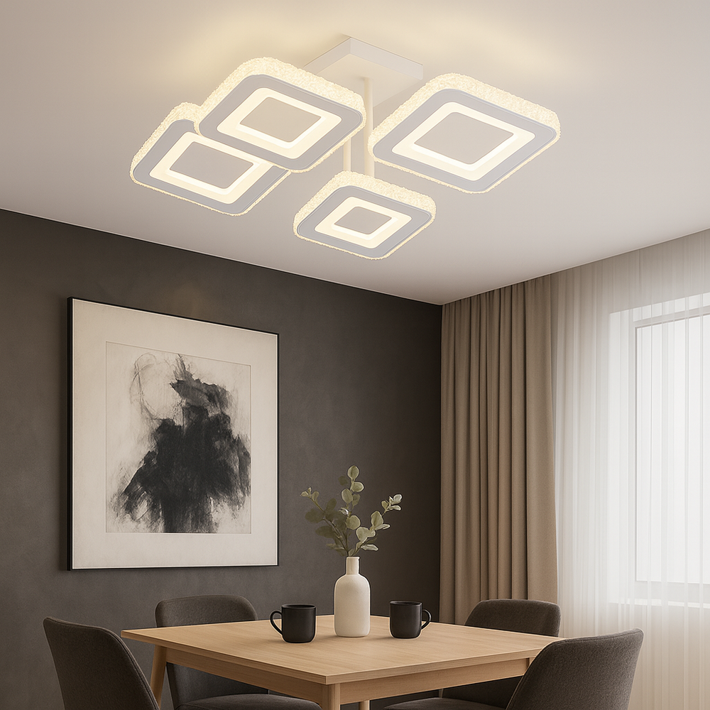 Lustra LED 26033/2+2C WH+CR 144W cu lumina reglabila si telecomanda, potrivita pentru dininguri moderne ce necesita iluminare eficienta cu accente alb-crom elegante.