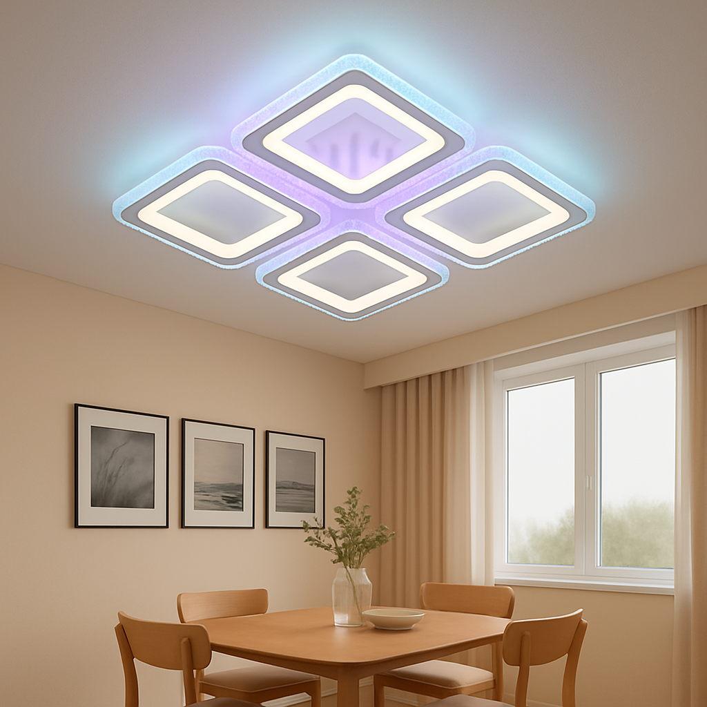 Lustra LED 26033/4C WH 59W cu lumina reglabila si telecomanda, potrivita pentru dininguri moderne ce necesita iluminare eficienta si efecte LED ambientale cu design patrat.