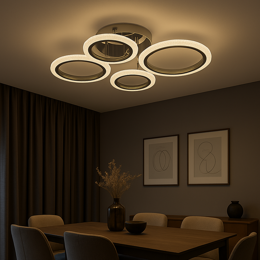 Lustra LED 26056/2+2CR 72W cu telecomanda si lumina 3000–6500K, ideala pentru zone de dining moderne ce necesita iluminare reglabila si accente cromate elegante.