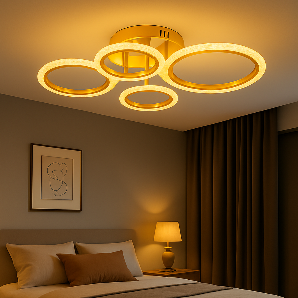 Lustra LED 26056/2+2FGD 72W cu lumina reglabila si telecomanda, ideala pentru dormitoare moderne unde este necesara iluminare eficienta cu finisaj auriu rafinat.