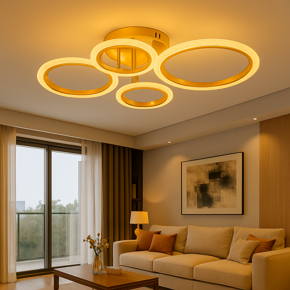 Lustra LED 26056/2+2FGD 72W cu telecomanda si lumina 3000–6500K, perfecta pentru livinguri moderne ce necesita iluminare reglabila si finisaj elegant auriu.