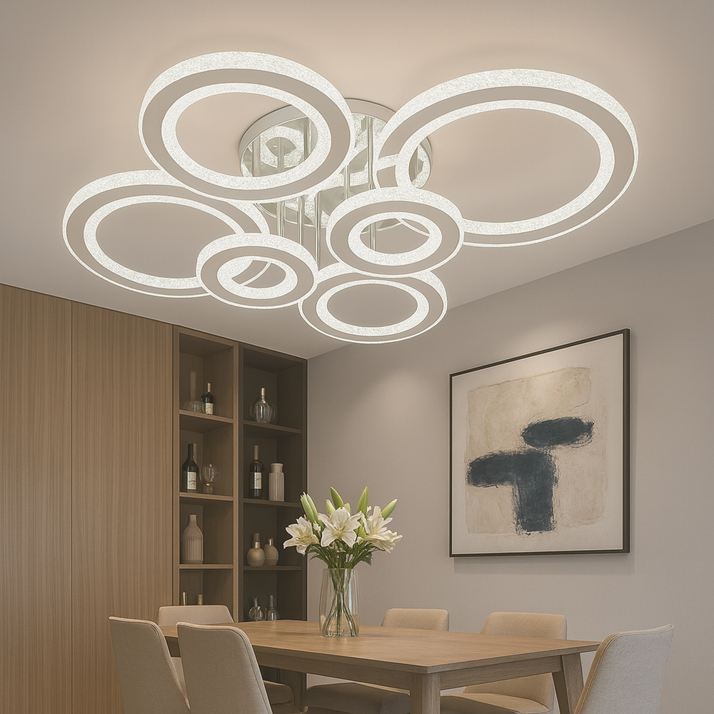 Lustra LED 26064/2+2+2CR 258W cu lumina 3000–6500K, potrivita pentru zona de dining moderna, oferind iluminare puternica si reglabila.