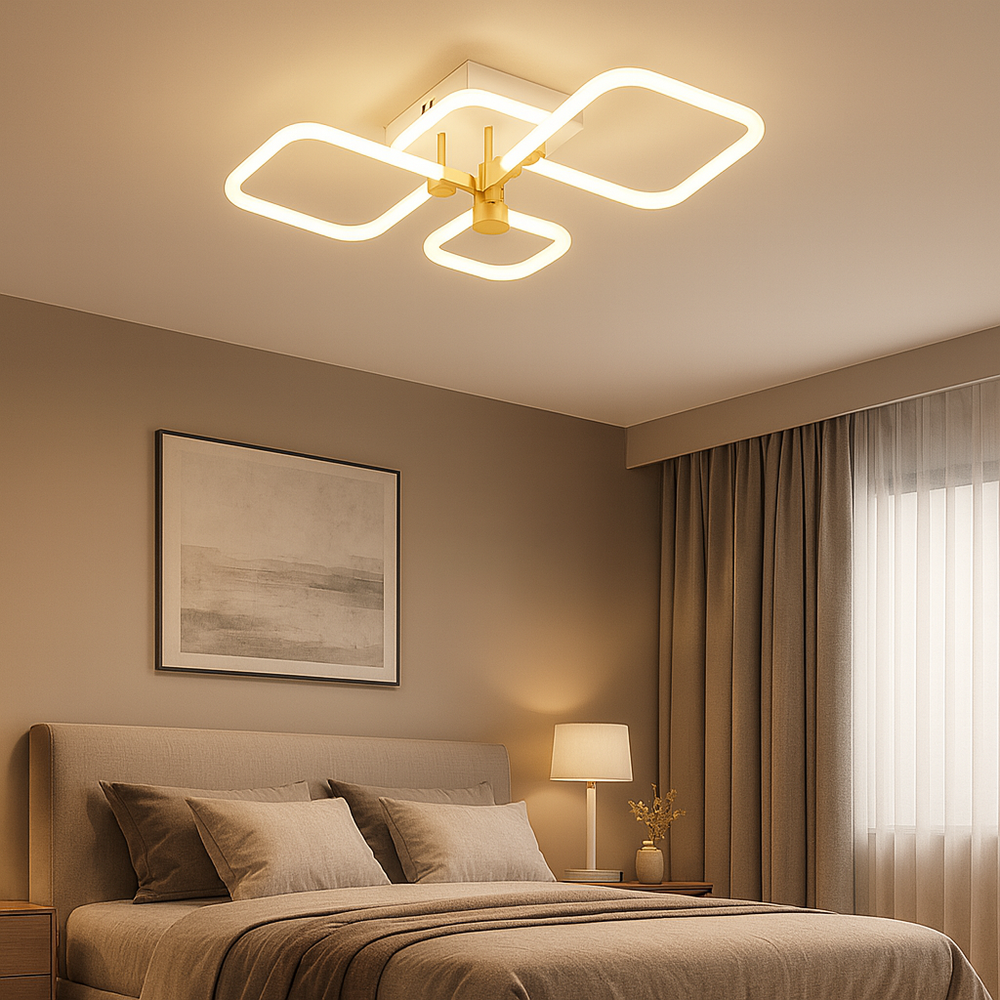 Lustra LED 26077/2+2FGD+WH 72W cu lumina ajustabila, perfecta pentru dormitor modern, oferind iluminare confortabila si telecomanda inclusa.
