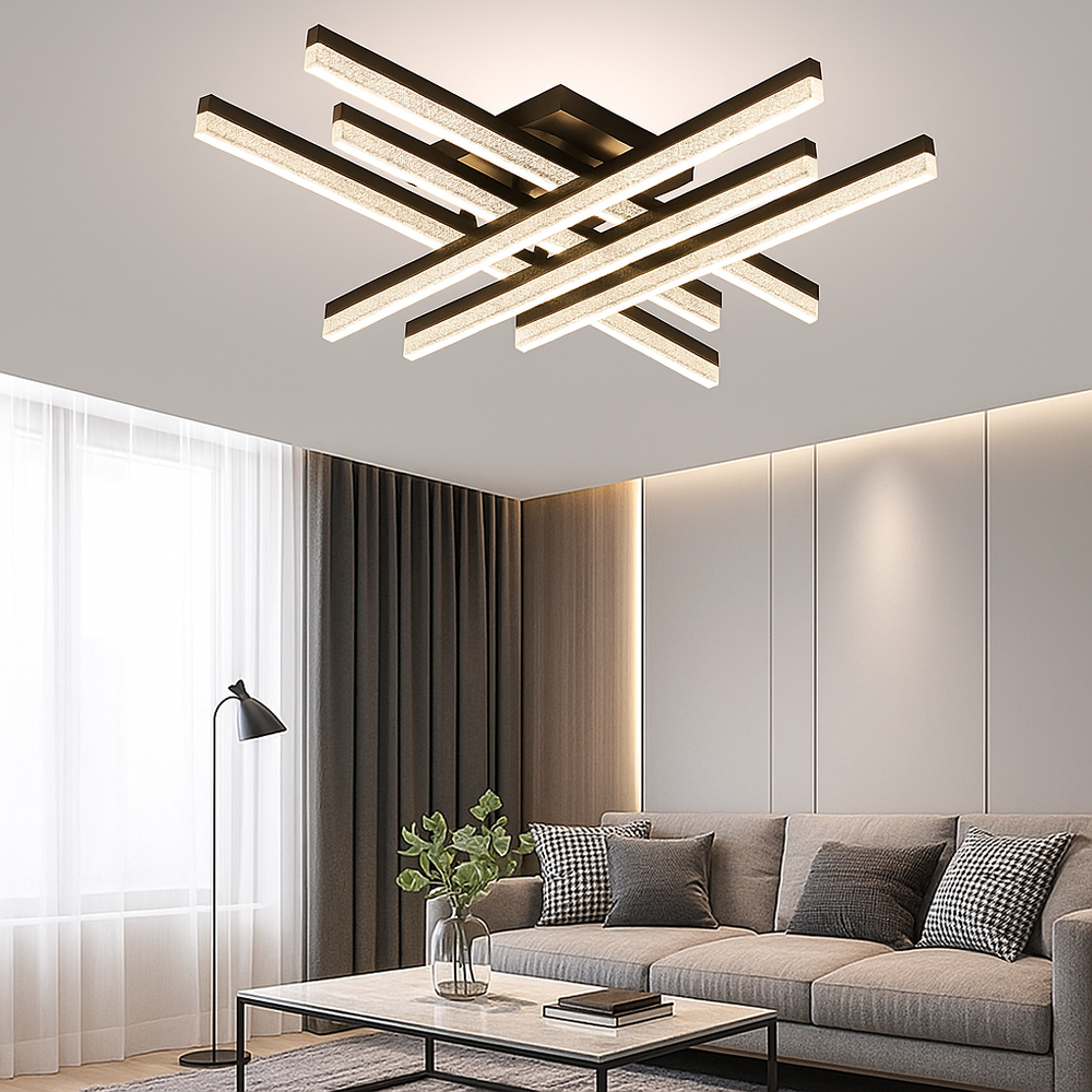 Lustra LED geometrica 144W negru mat cu lumina reglabila 3300K-6500K si telecomanda, montata in living modern pentru iluminare eleganta si uniforma