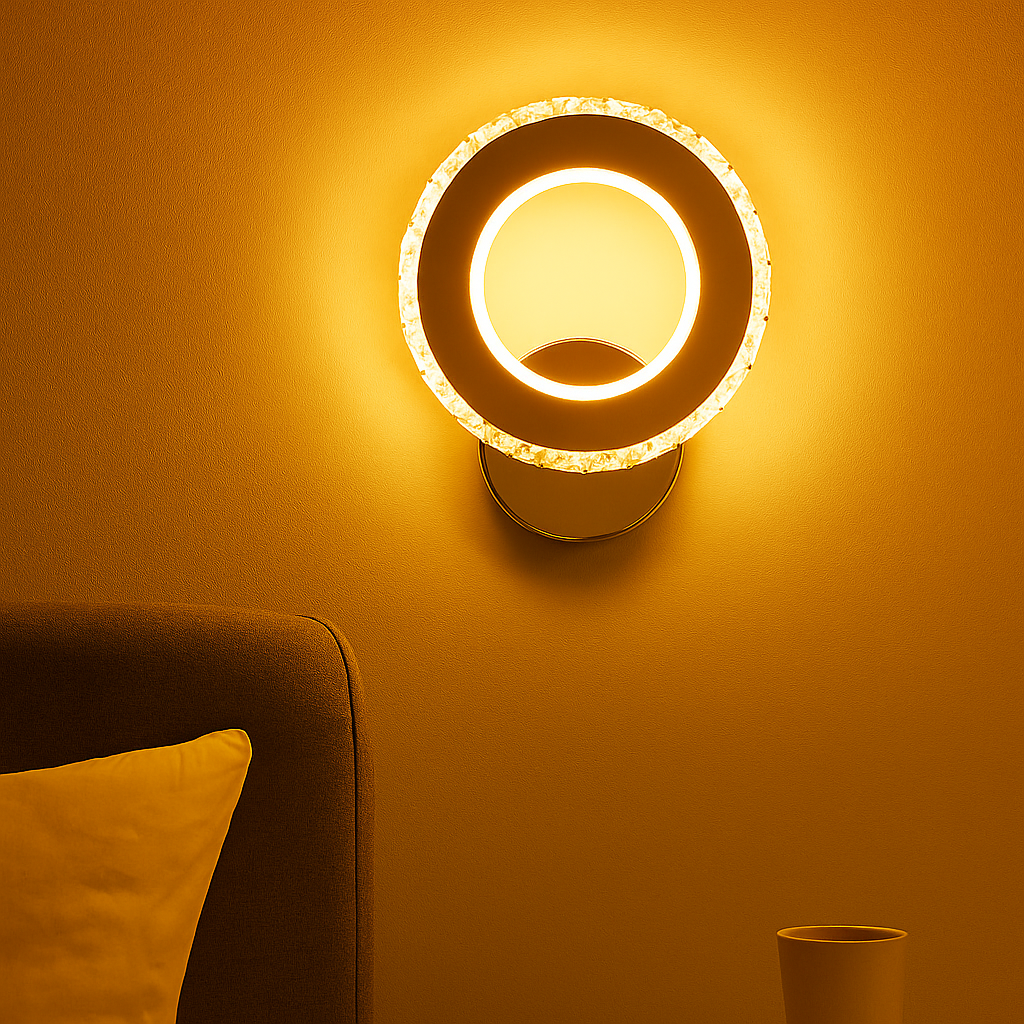 Aplica LED LUBAN Versa 230mm, design compact cu elemente transparente, montata in dormitor modern, lumina reglabila 24W