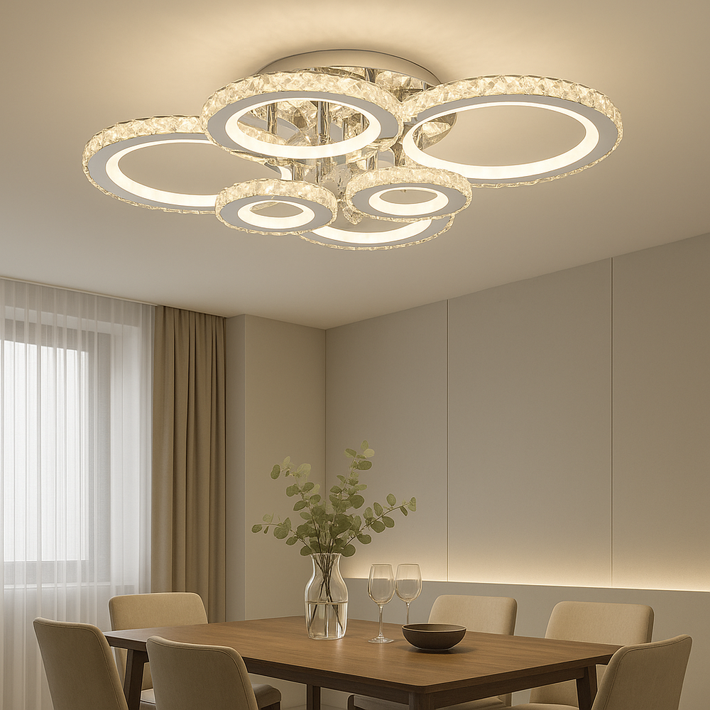 Lustra LED moderna 238W cu 6 inele si lumina RGB, reglabila si controlabila prin telecomanda, perfecta pentru un dining modern cu atmosfera eleganta si versatila