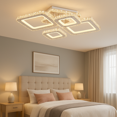 Lustra LED geometrica 200W cu lumina ajustabila 3500K-6500K si telecomanda, ideala pentru dormitoare moderne ce necesita iluminare uniforma si confortabila