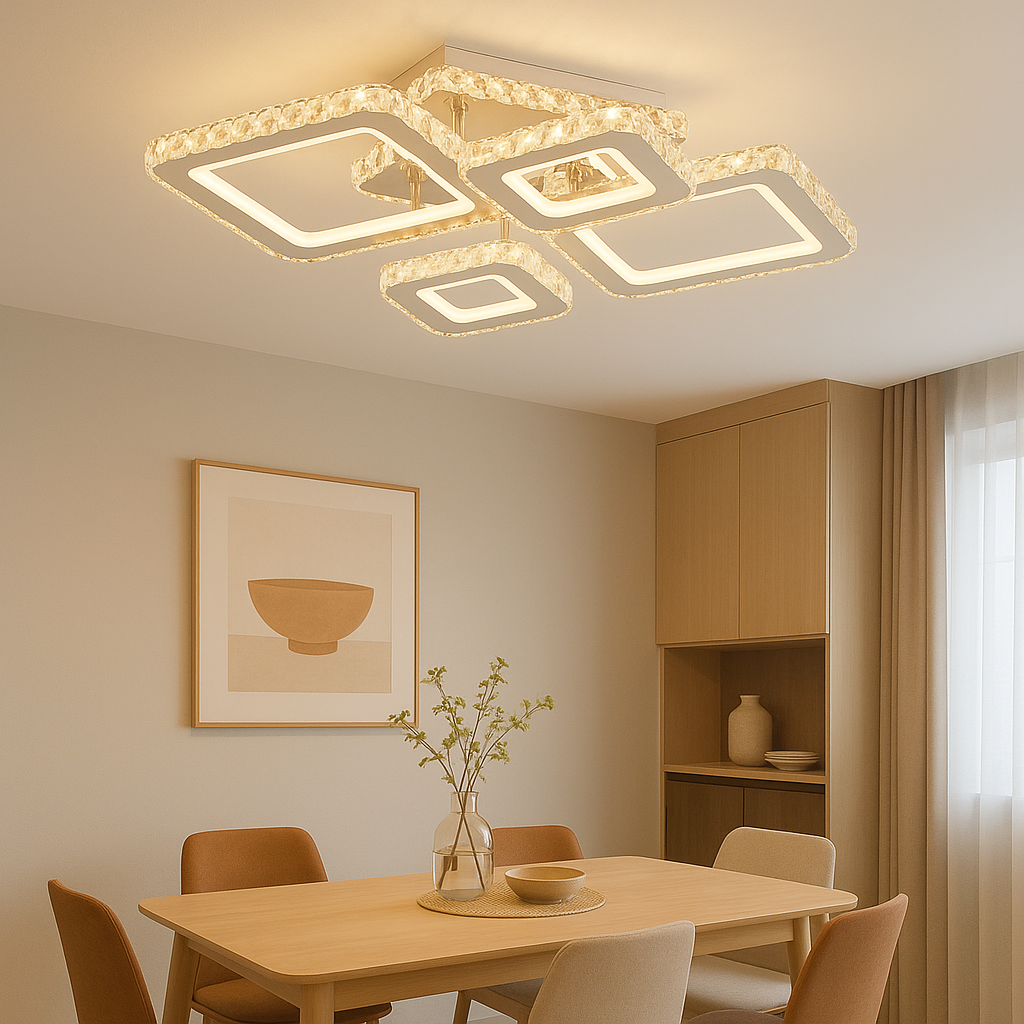 Lustra LED 200W geometrica cu flux 9350 lm, lumina reglabila 3500K-6500K si telecomanda, perfecta pentru un dining modern cu iluminare eleganta si versatila
