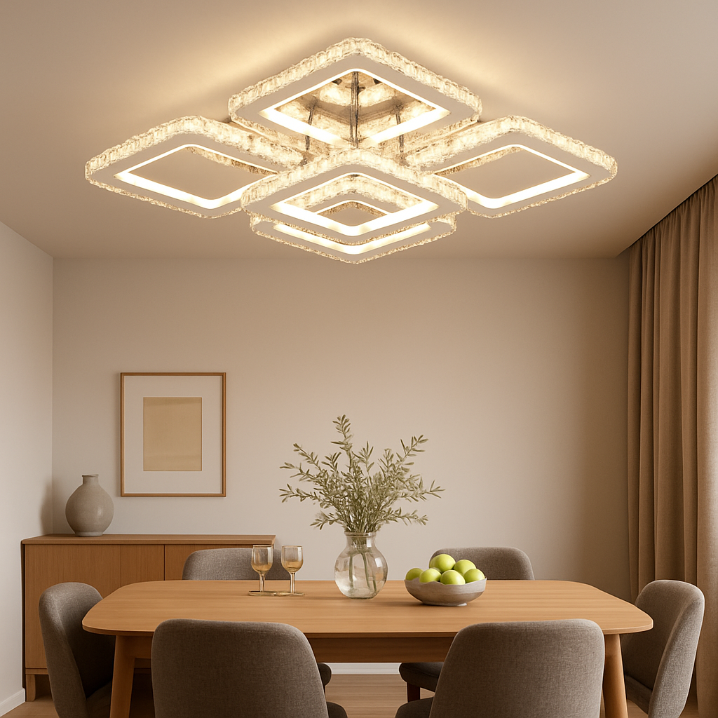 Lustra LED 200W geometrica cu efect Halo, flux 9350 lm si lumina reglabila 3500K-6500K cu telecomanda, perfecta pentru un dining modern si luminos