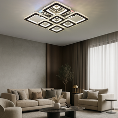 Lustra LED patrata 256W cu 8 module, flux 11024 lm si lumina reglabila 3500K-6500K cu telecomanda, montata in living modern pentru iluminare puternica