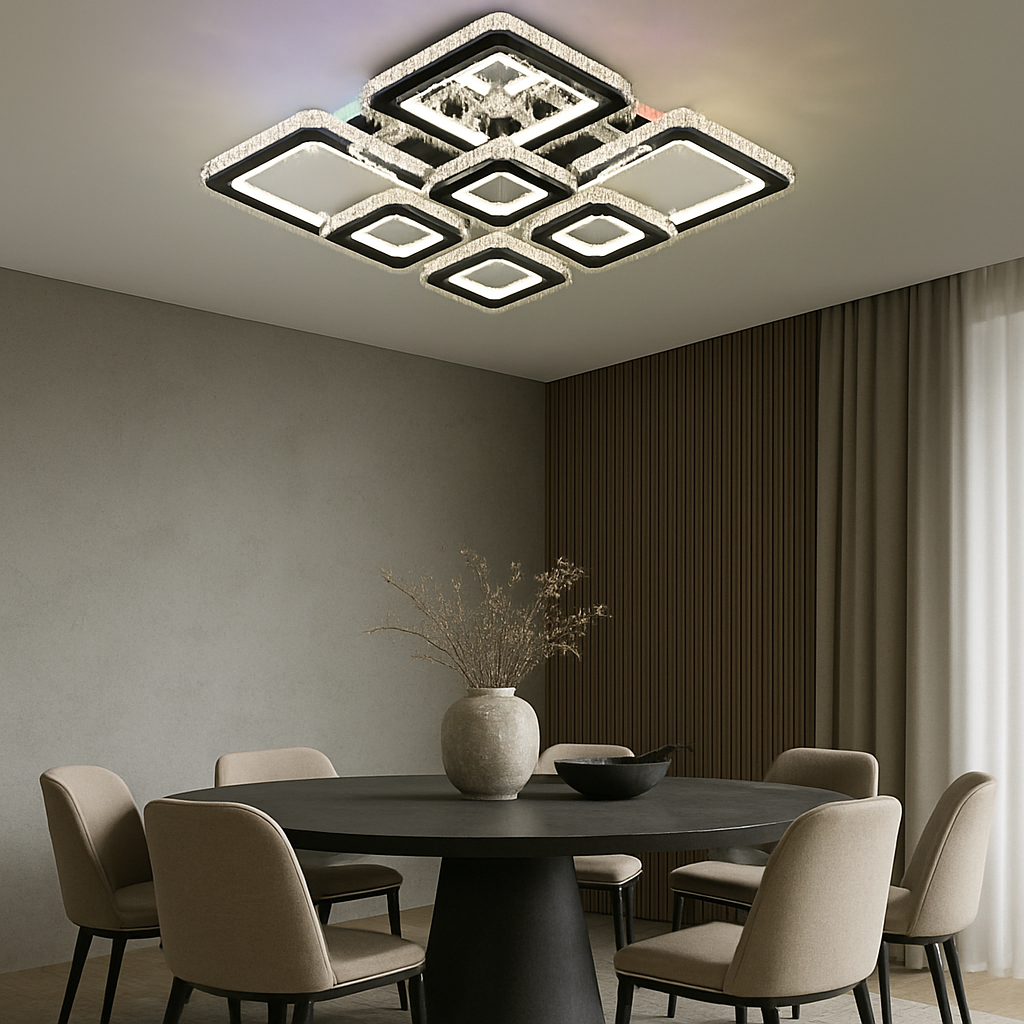 Lustra LED patrata 256W cu 8 module si flux 11024 lm, lumina reglabila 3500K-6500K cu telecomanda, ideala pentru dining modern si bine luminat