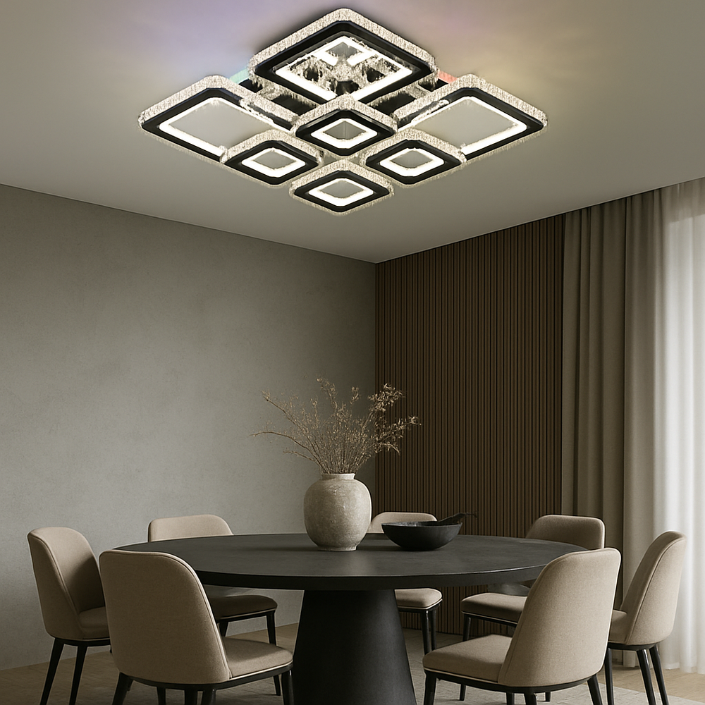 Lustra LED patrata 256W cu 8 module si flux 11024 lm, lumina reglabila 3500K-6500K cu telecomanda, ideala pentru dining modern si bine luminat