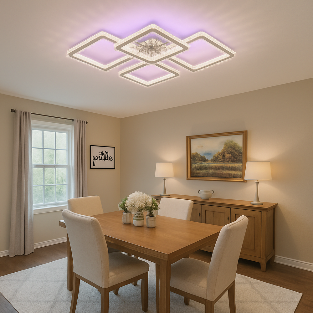 Lustra LED geometrica 288W x2 cu flux 11024 lm, lumina reglabila 3500K-6500K si telecomanda, ideala pentru un dining modern cu iluminare uniforma si eleganta