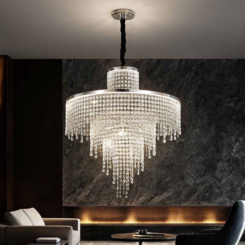 Lustra LED eleganta 104W rotunda cu lumina reglabila 3000K-6500K si telecomanda, montata in living modern pentru o atmosfera opulenta si luminoasa