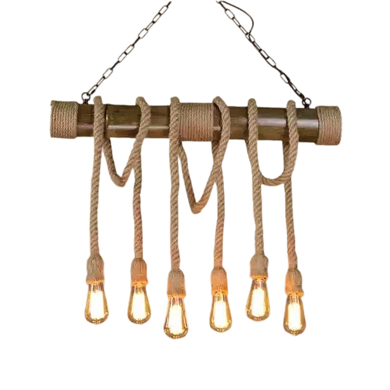 Lustra C023/6 cu franghii decorative si suport din lemn, 6 becuri E27, perfecta pentru dining rustic sau industrial modern.