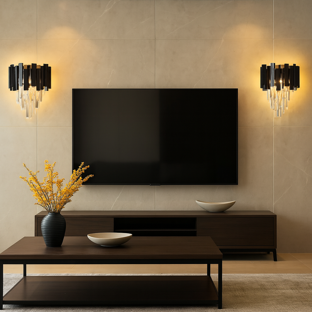 Aplica 3211/2BK neagra cu cristale si design vertical, 2 E27, ideala pentru dormitor modern cu iluminare calda eleganta.