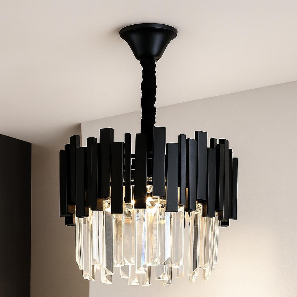 Candelabru rotund negru cu cristale, iluminare ambientala eleganta in living modern, design rafinat cu 5 becuri E27