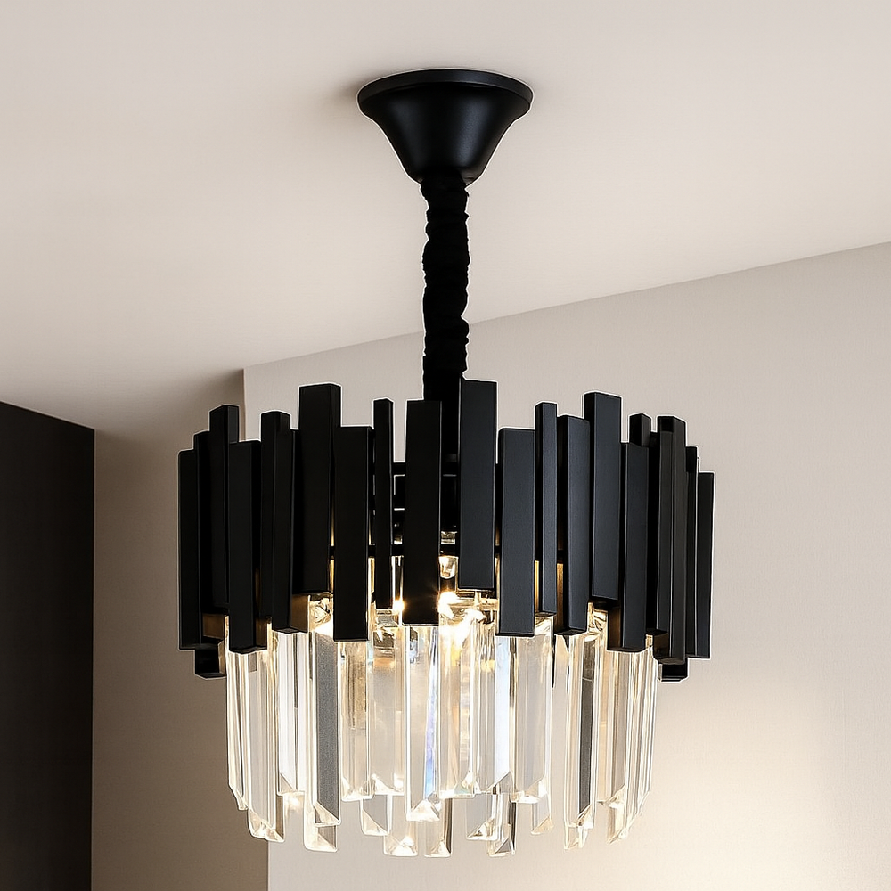 Candelabru rotund negru cu cristale, iluminare ambientala eleganta in living modern, design rafinat cu 5 becuri E27