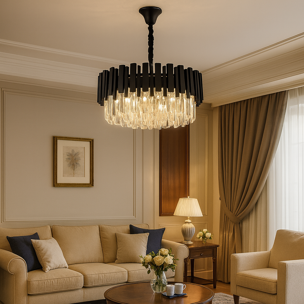 Candelabru rotund negru Ø50 cm cu cristale, 8 becuri E27, iluminare puternica si eleganta pentru living spatios.