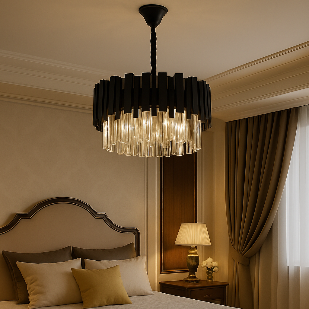 Candelabru rotund negru Ø50 cm cu cristale, 8 surse E27, lumina ambientala moderna pentru dormitor generos.