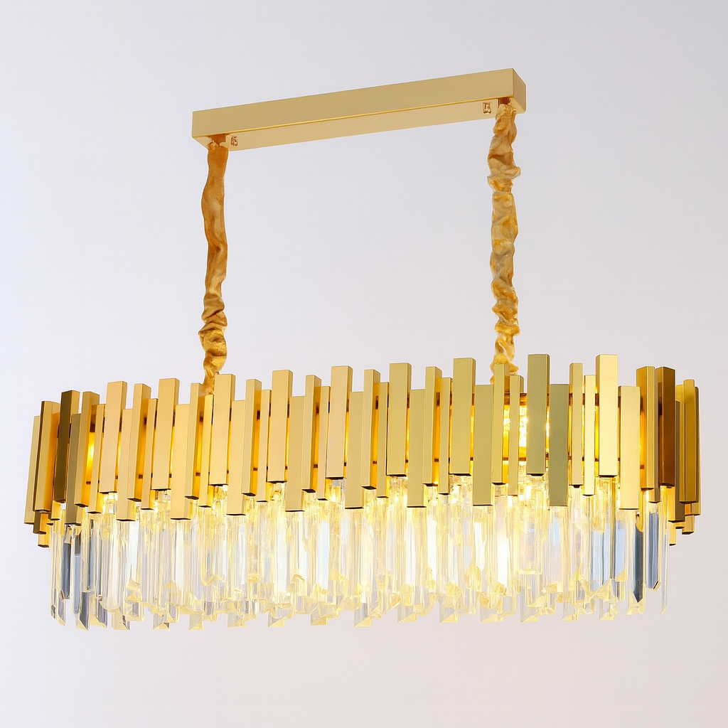 Candelabru rotund auriu mat cu cristale, 8 surse E27, lumina eleganta si decorativa pentru dormitor generos.