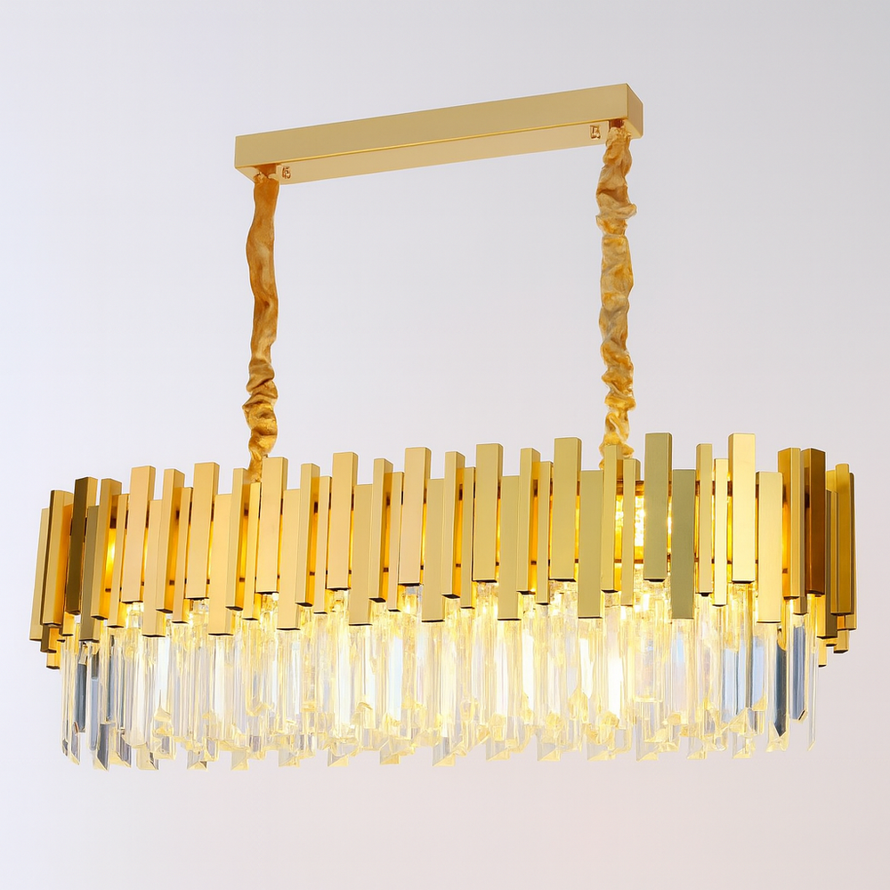 Candelabru rotund auriu mat cu cristale, 8 surse E27, lumina eleganta si decorativa pentru dormitor generos.