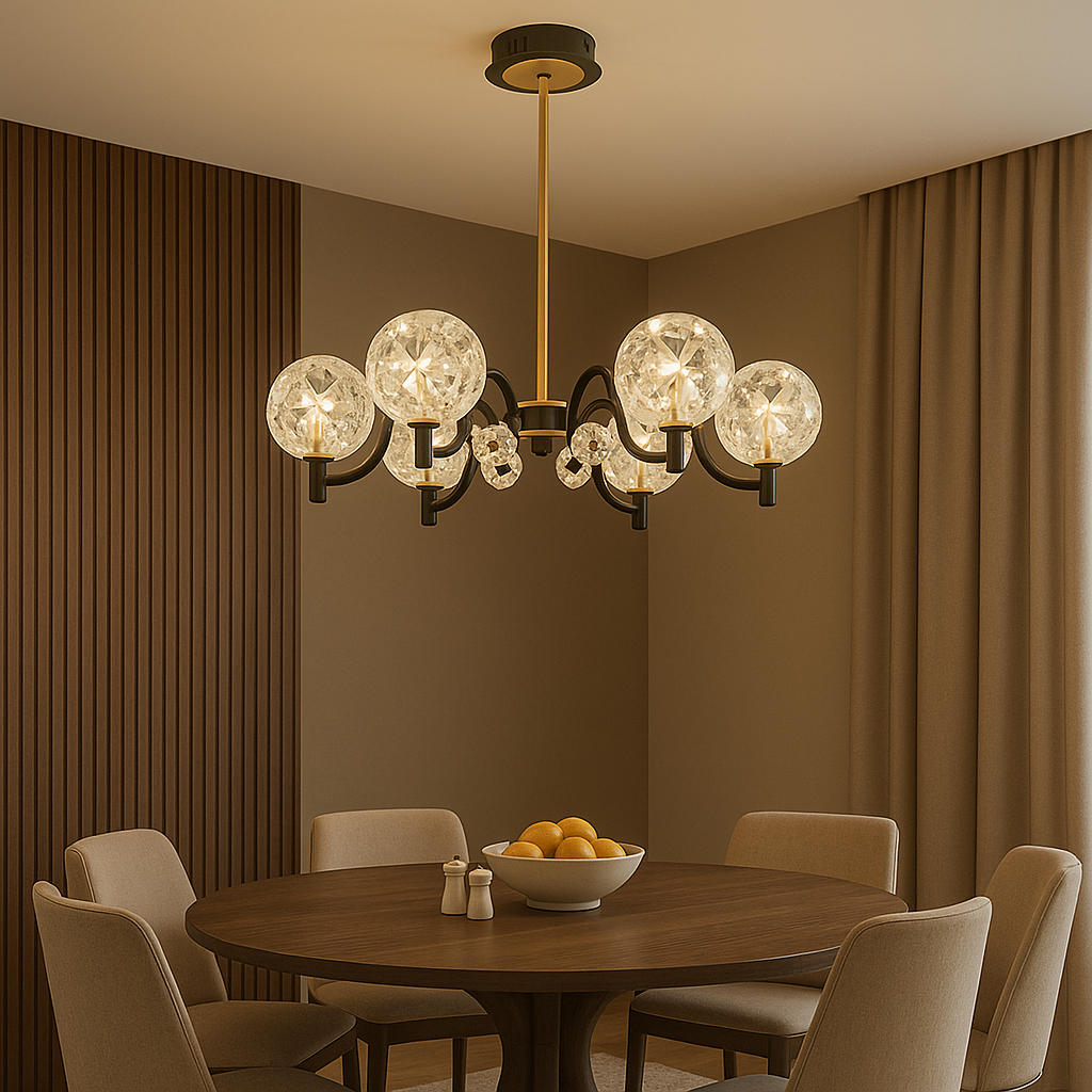Candelabru LED negru mat cu accente aurii si 6 globuri, iluminare ambientala deasupra mesei din dining modern