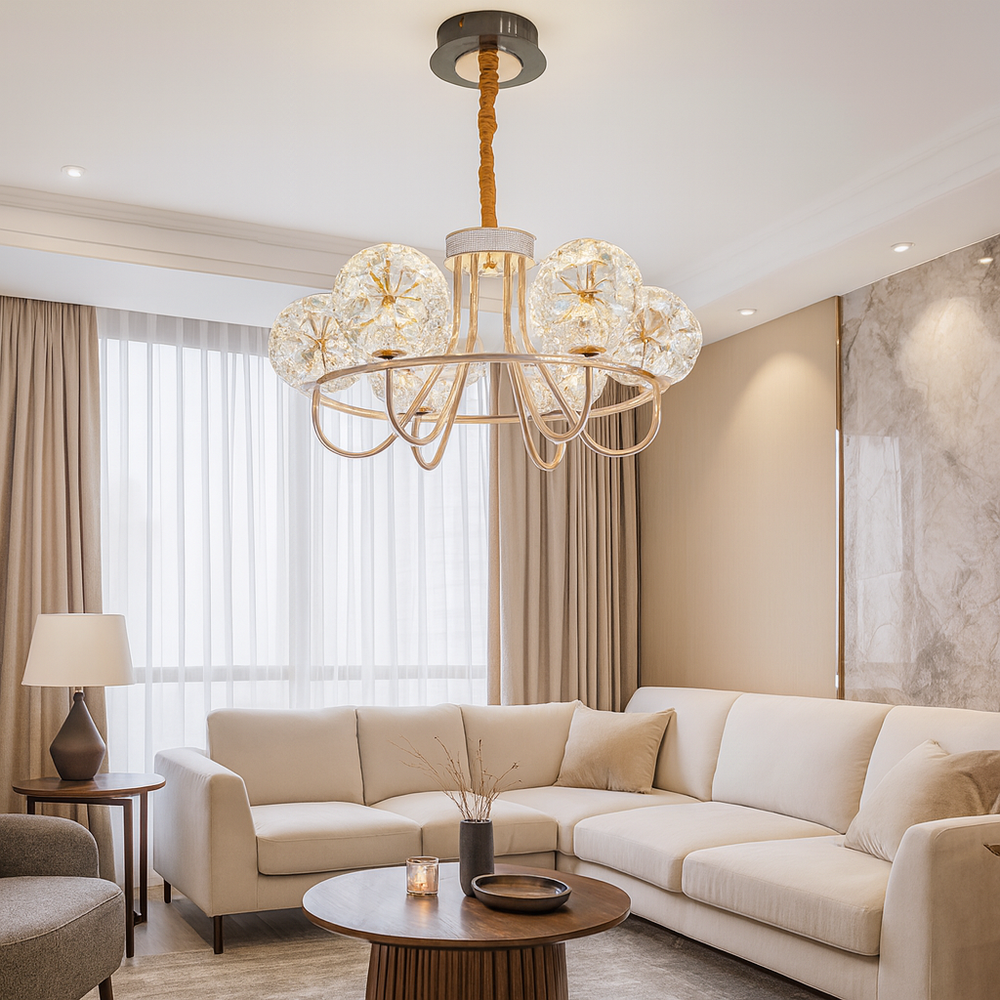 Candelabru LED auriu cu 6 globuri rotunde sticla, 96W, L700 living modern elegant, lumina calda uniforma, montaj tavan