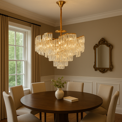 Candelabru rotund auriu Ø400 cu elemente transparente, montat deasupra mesei dreptunghiulare din dining spatios