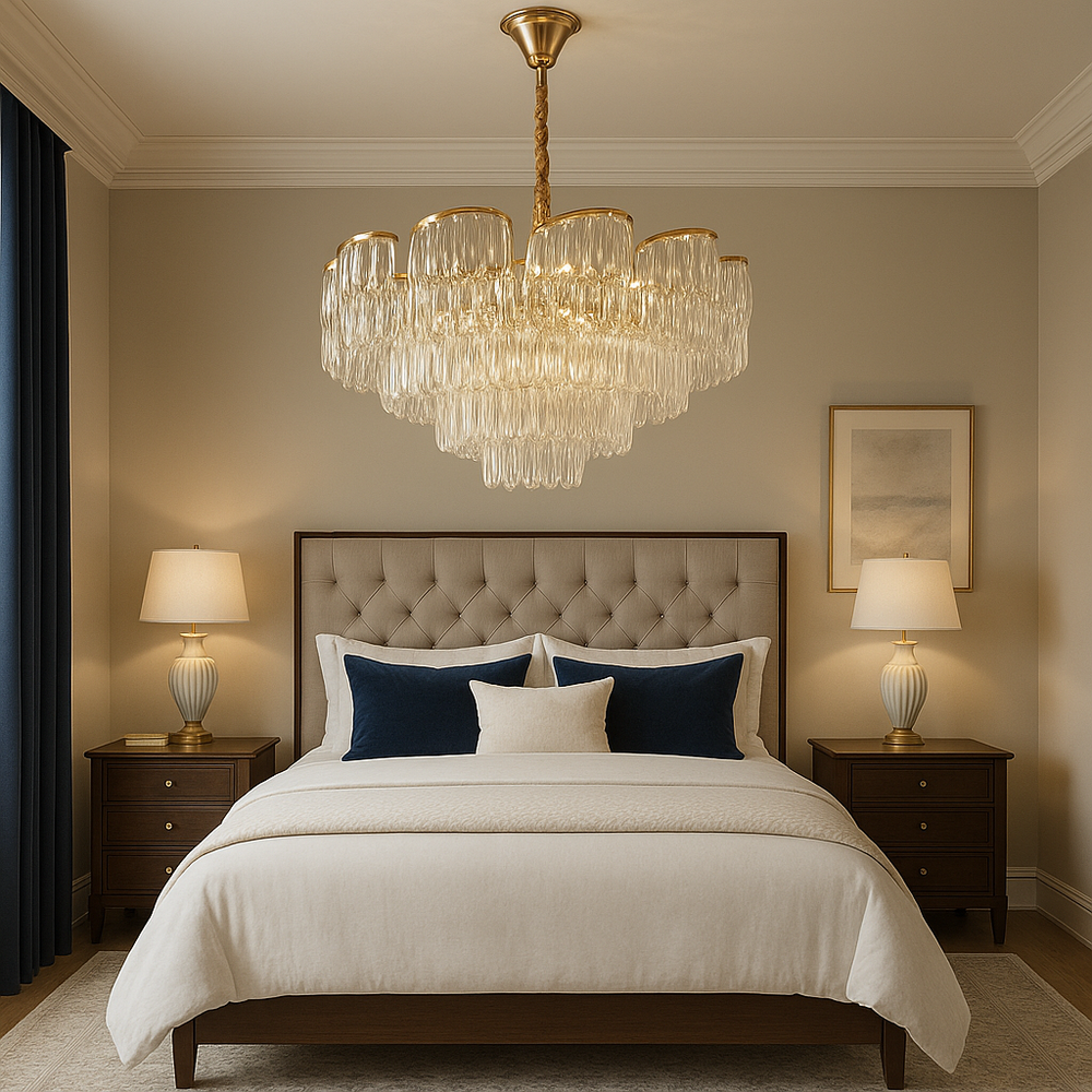 Candelabru rotund auriu Ø580 cu elemente transparente in cascada, montat in dormitor mare, lumina ambientala calda, stil elegant