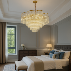 Candelabru rotund auriu Ø780 cu elemente transparente in cascada, montat in dormitor mare cu tavan inalt, lumina ambientala calda