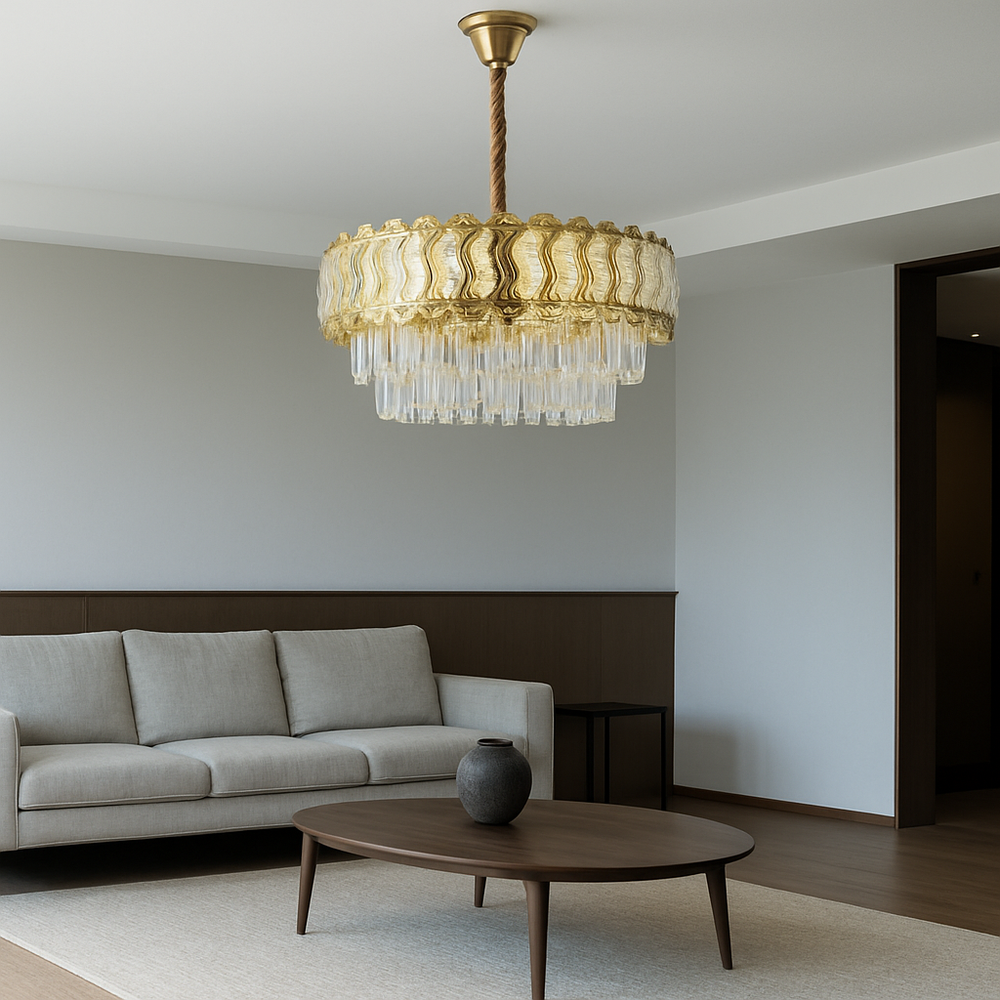 Candelabru rotund auriu Ø400 cu cristale decorative, pozitionat central in living spatios, lumina uniforma si rafinata