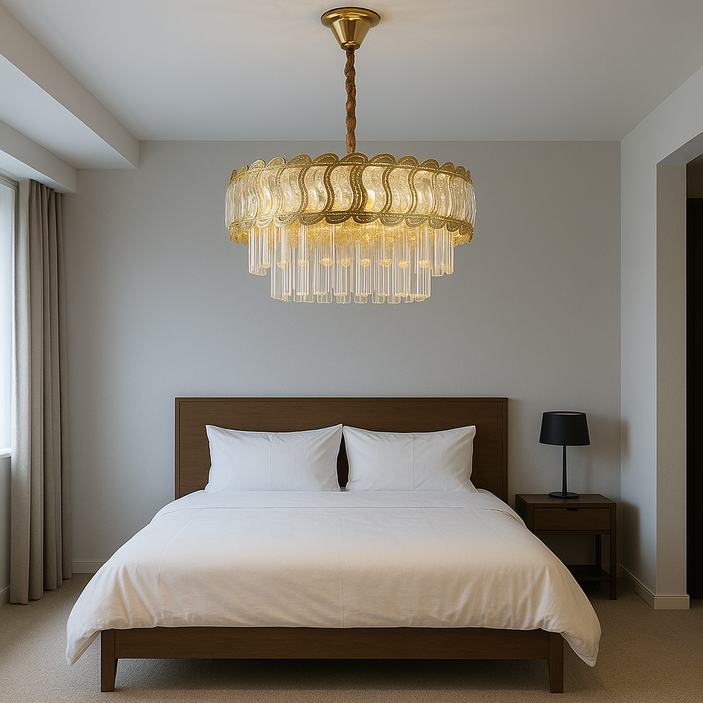 Candelabru rotund auriu Ø400 cu cristale in dublu nivel, montat in dormitor elegant, iluminare calda ambientala