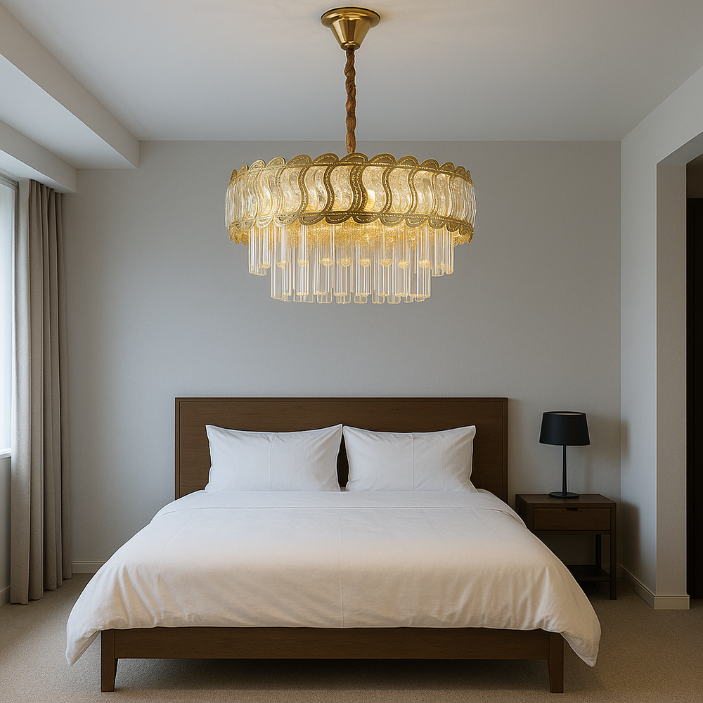 Candelabru rotund auriu Ø400 cu cristale in dublu nivel, montat in dormitor elegant, iluminare calda ambientala