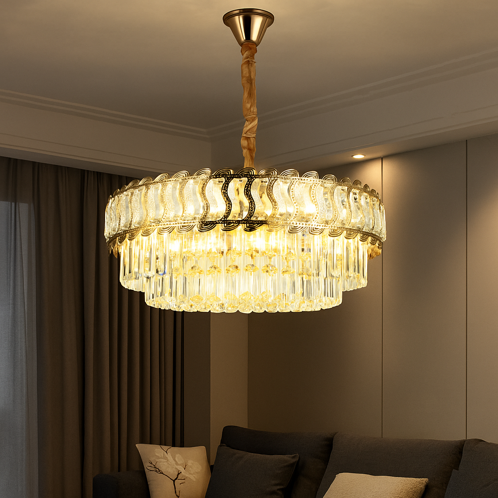 Candelabru rotund auriu Ø600 cu cristale stralucitoare, amplasat central in living spatios, iluminare uniforma si lux