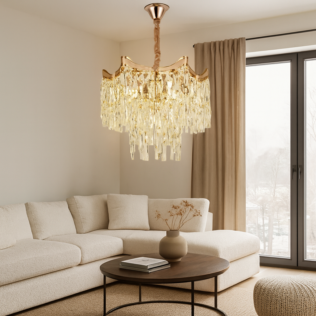 Candelabru rotund auriu 5520/400FG cu elemente transparente in living modern, lumina calda, montaj pe tavan, iluminare eleganta fara telecomanda