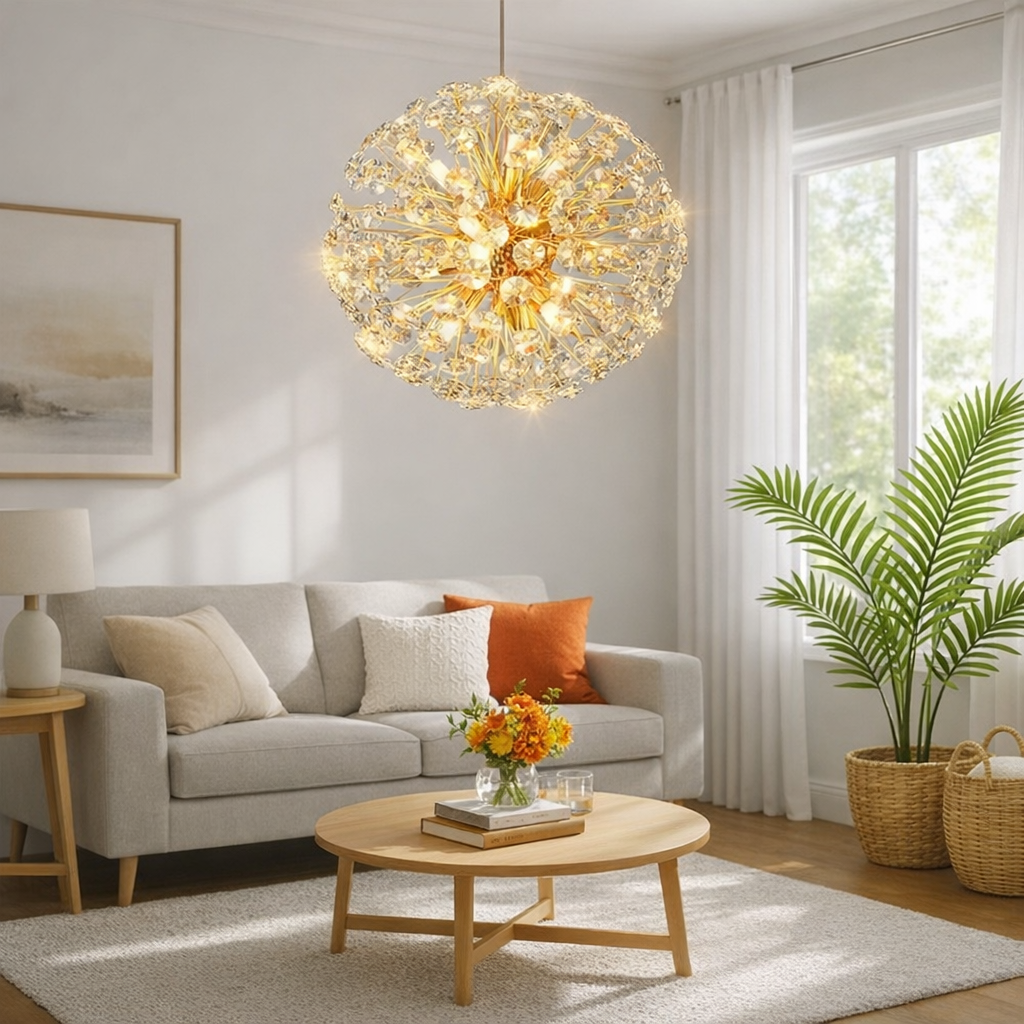 Suspensie aurie dreptunghiulara cu cristale, 9 becuri G9 LED, montata in living modern, efect luxos, iluminare uniforma, fara telecomanda