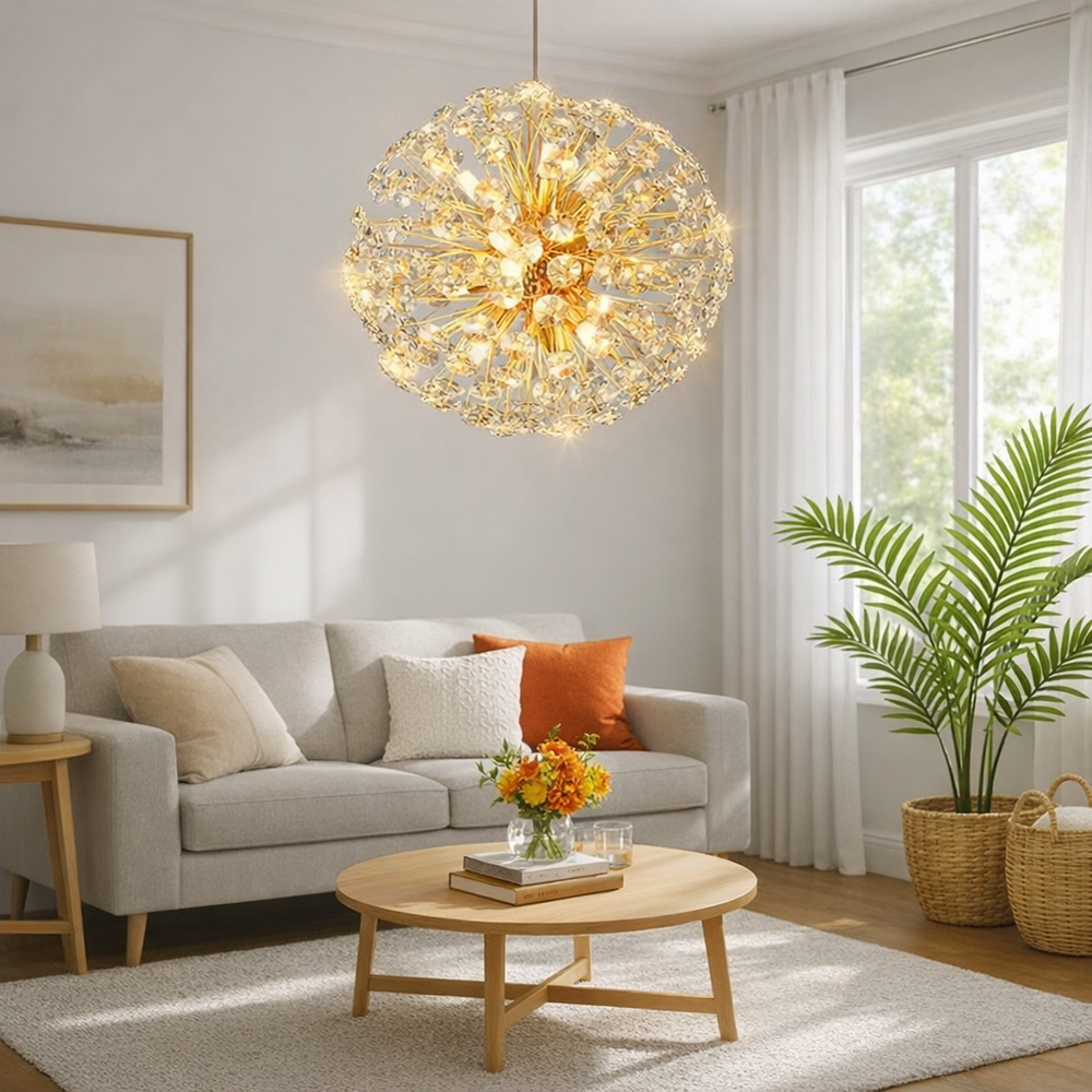 Suspensie aurie dreptunghiulara cu cristale, 9 becuri G9 LED, montata in living modern, efect luxos, iluminare uniforma, fara telecomanda