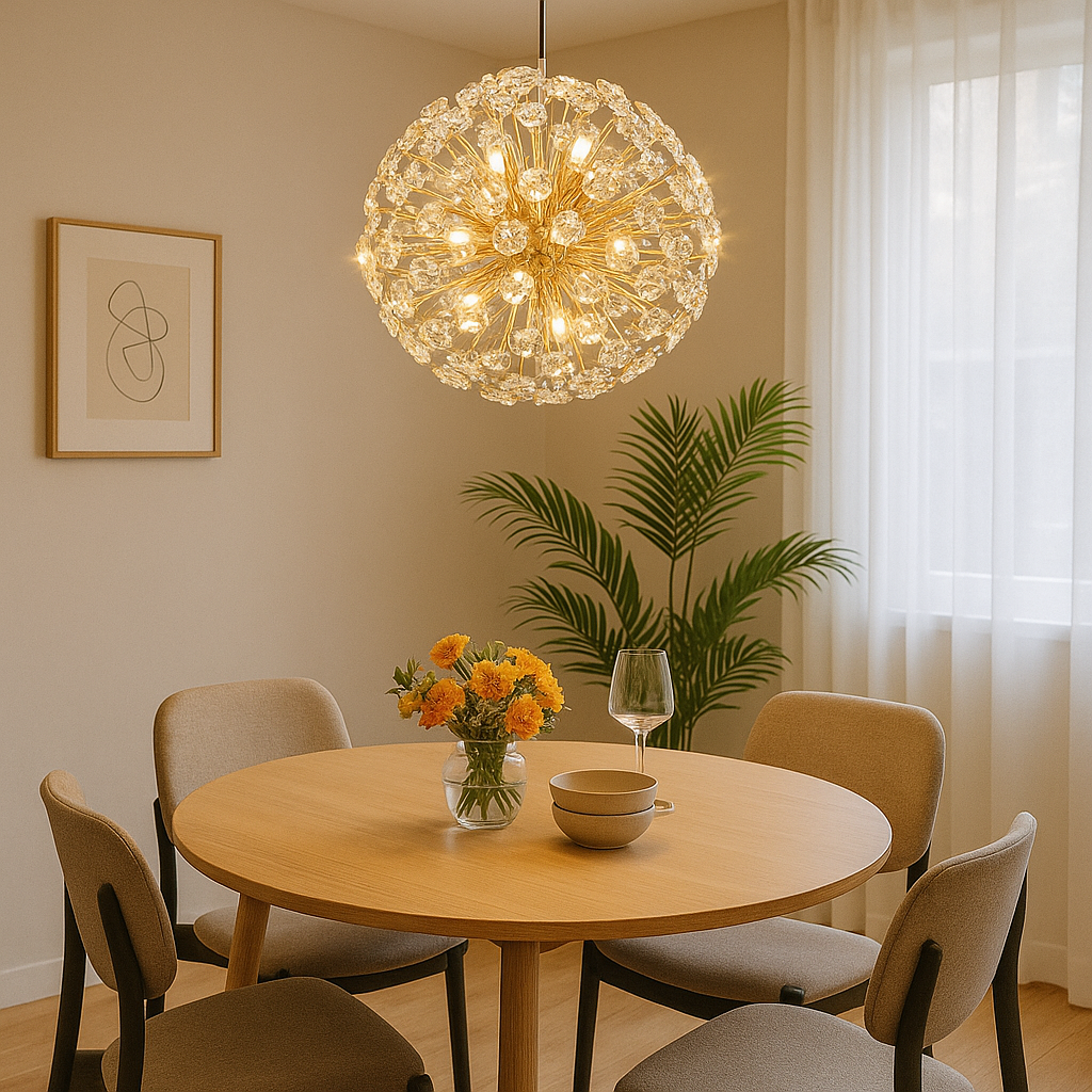 Suspensie aurie dreptunghiulara cu cristale, 9 becuri G9 LED, montata deasupra mesei de dining elegant, lumina calda, fara telecomanda