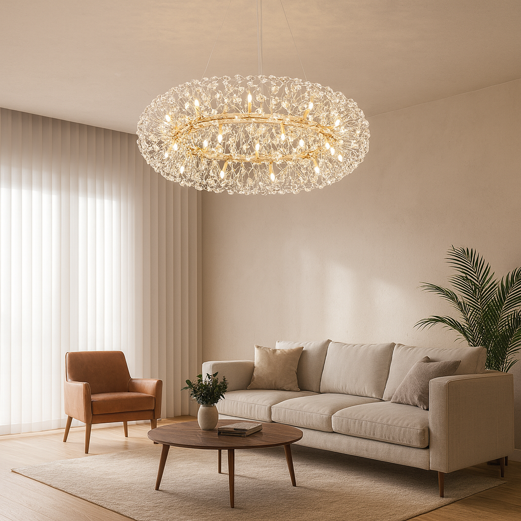 Candelabru suspendat rotund auriu Ø600 mm cu 12 becuri G9, iluminare calda ambientala in living modern elegant.