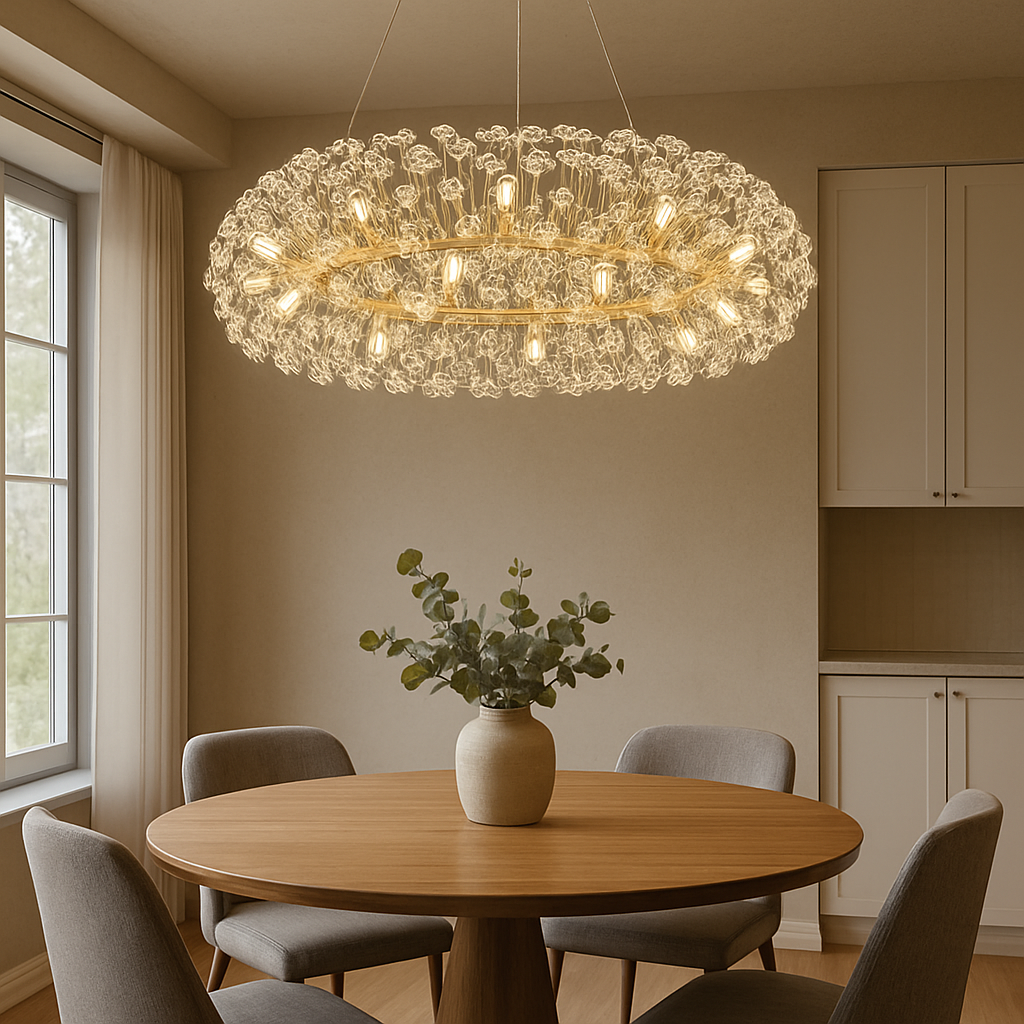 Candelabru rotund auriu Ø600 mm cu 12 becuri G9, iluminare uniforma deasupra mesei din dining elegant.