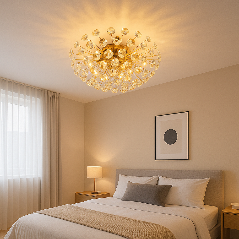 Lustra rotunda aurie Ø400 mm cu 4 becuri G9, lumina calda ambientala pentru dormitor modern compact.