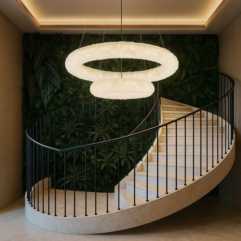 Pendul LED dublu rotund auriu Ø600+Ø400 cu telecomanda, iluminare calda pe casa scarii elegante.