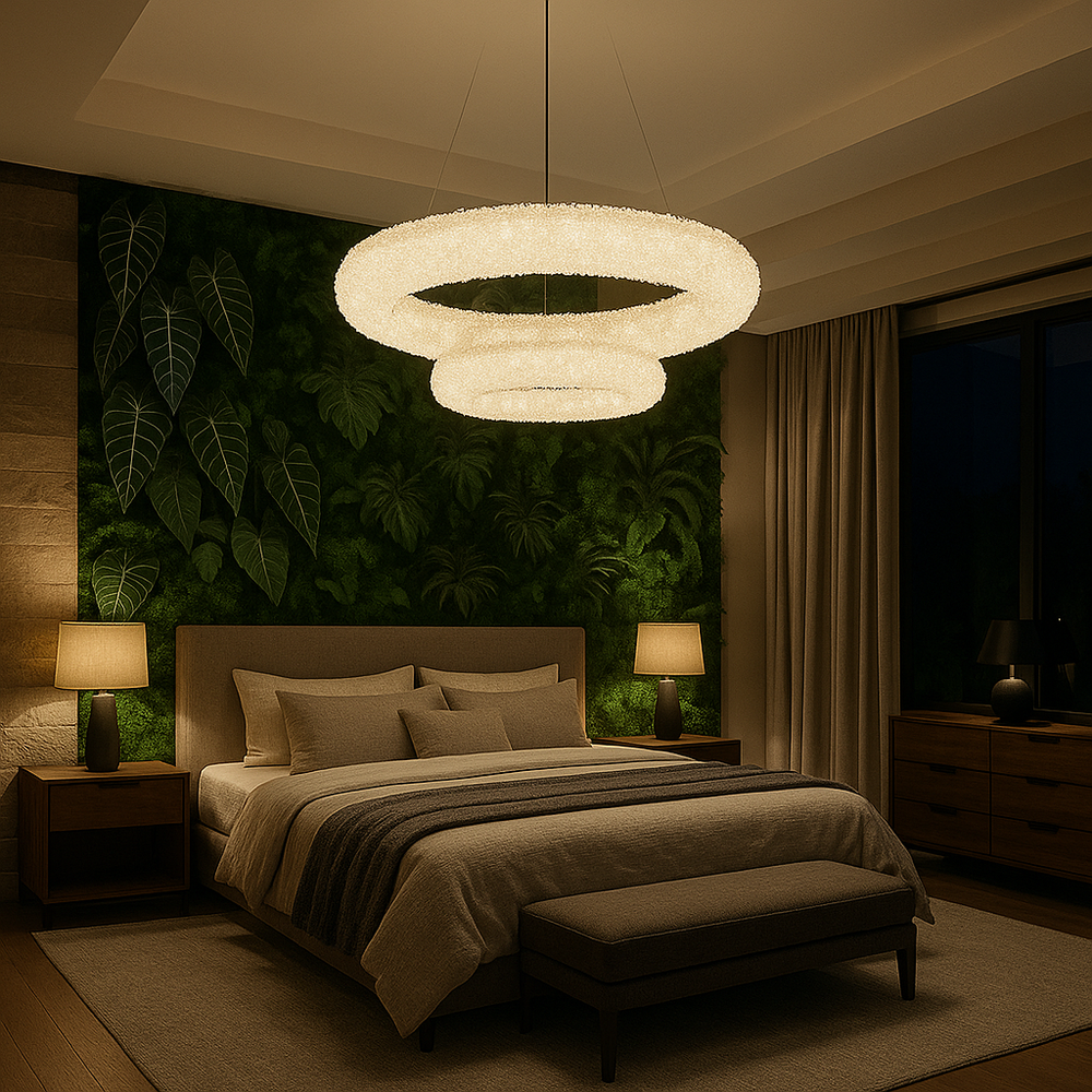 Pendul LED dublu rotund auriu Ø600+Ø400 cu telecomanda, iluminare calda eleganta in dormitor modern.